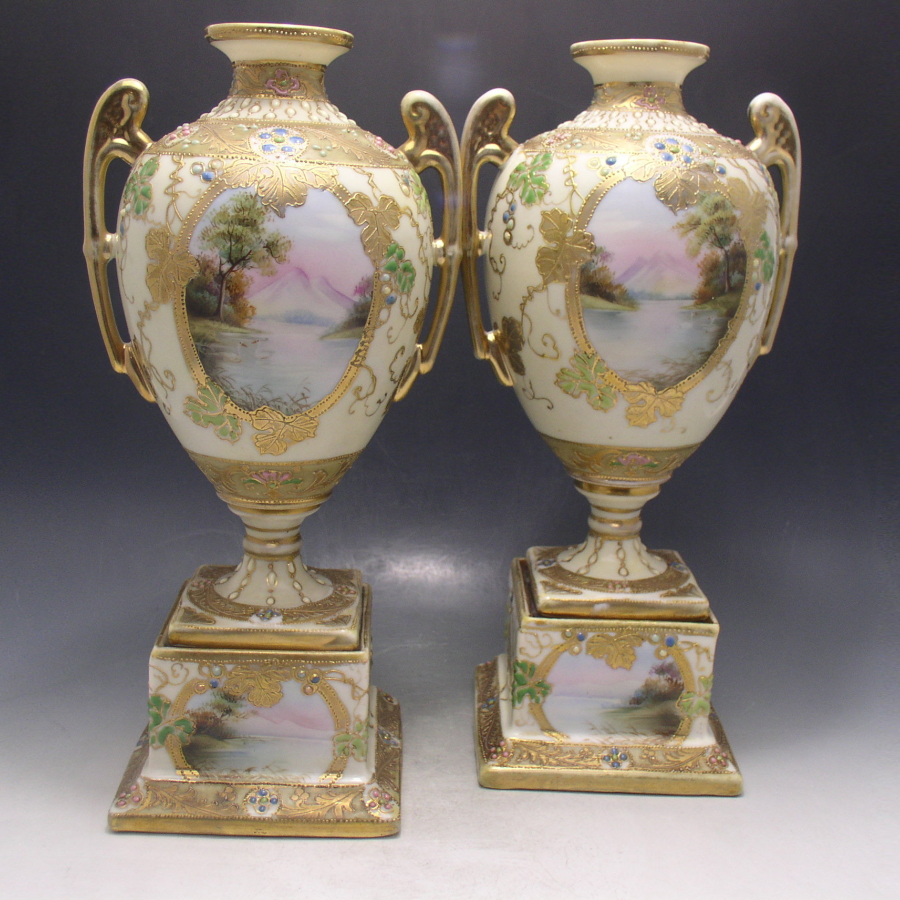 オールドノリタケ 金盛ジュール風景文花瓶一対