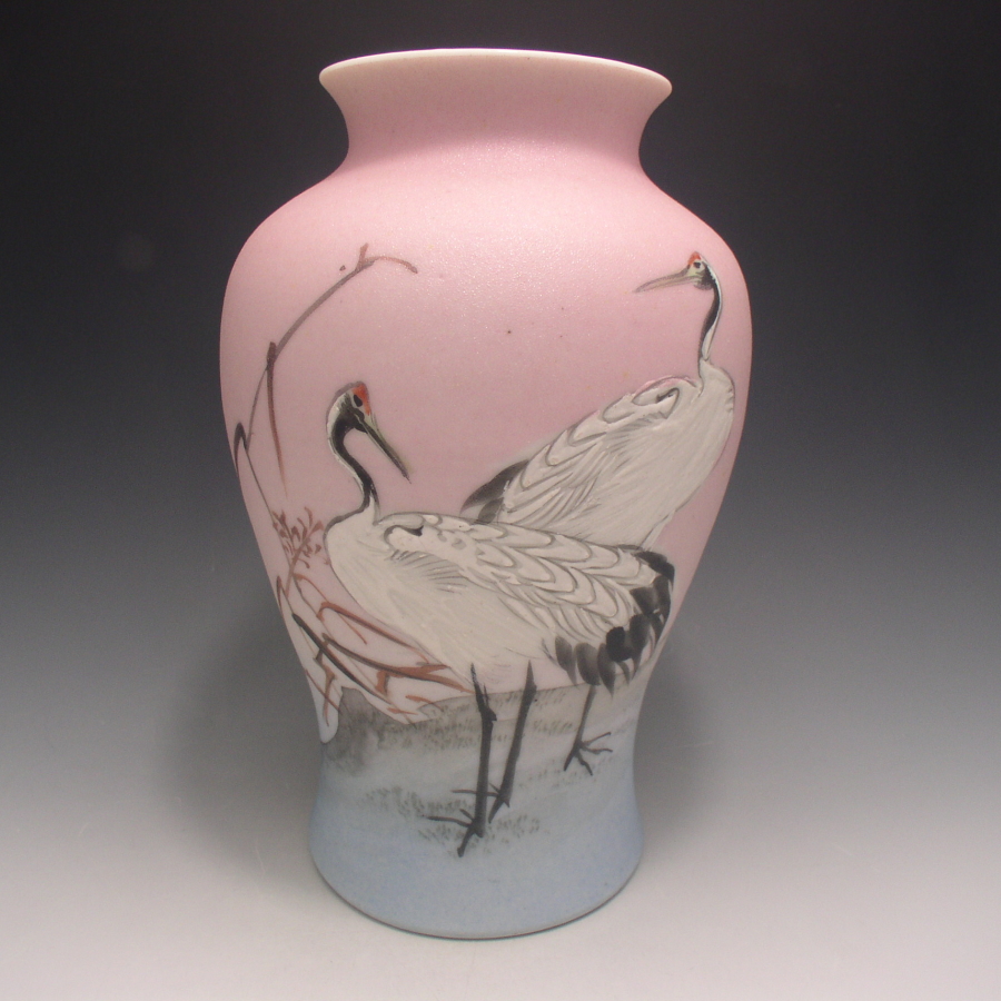 石目焼 鮫肌鶴文花瓶