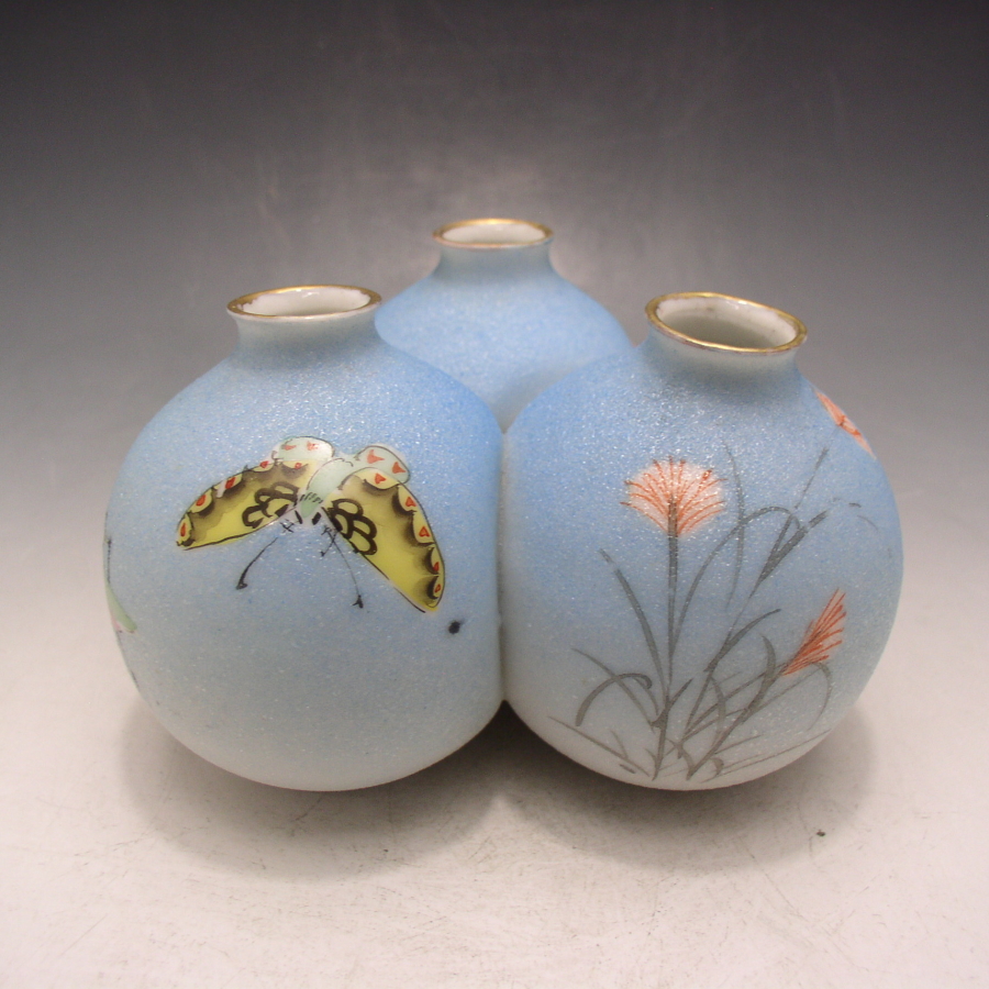 石目焼 鮫肌草花昆虫文希形花瓶