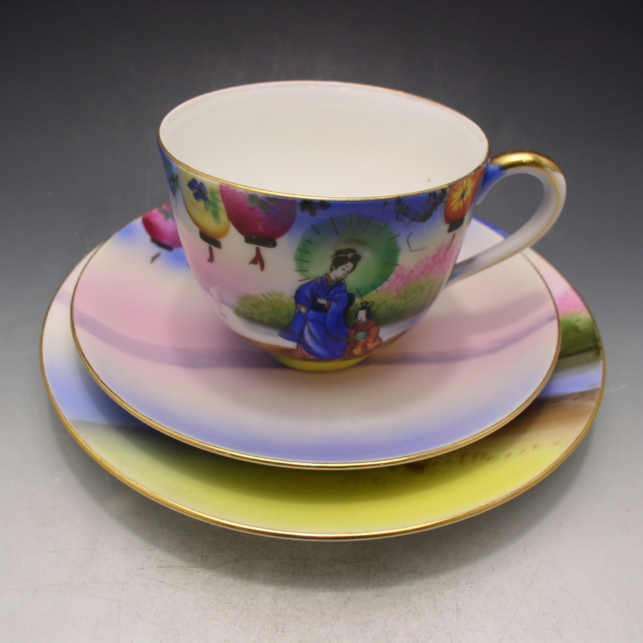 オールドノリタケ オリエンタル芸者提灯文トリオ