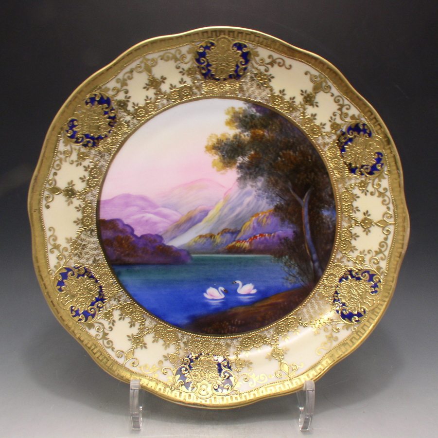 オールドノリタケ 金盛夕焼湖畔白鳥風景文プレート