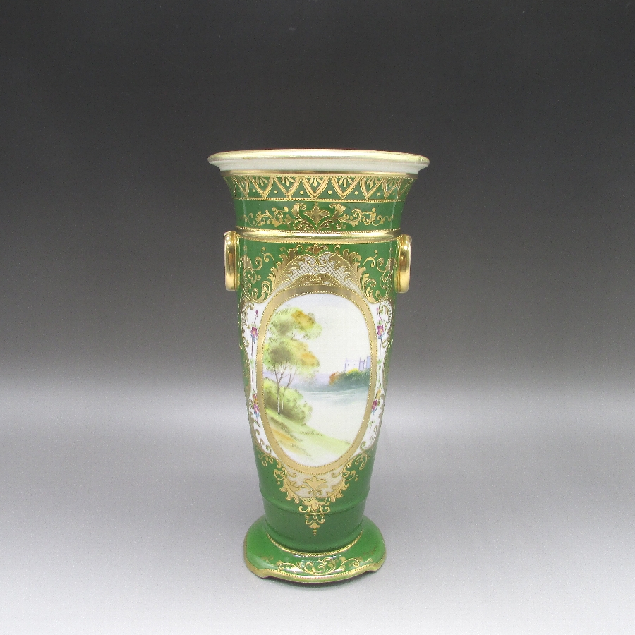 オールドノリタケ 金彩エメラルド地風景文花瓶