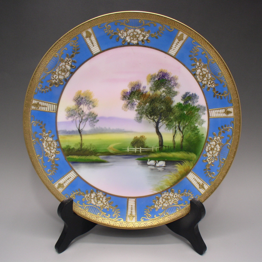 オールドノリタケ 金彩白鳥湖畔風景文プレート