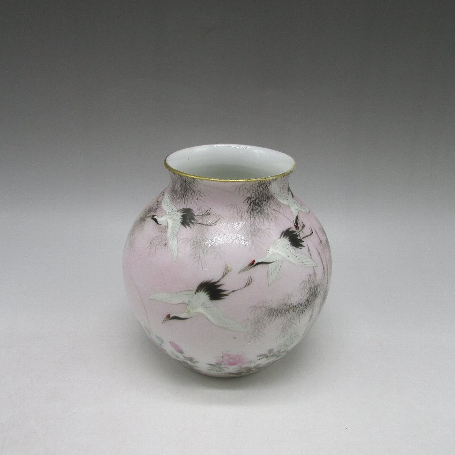 横浜焼 鶴草花文花瓶