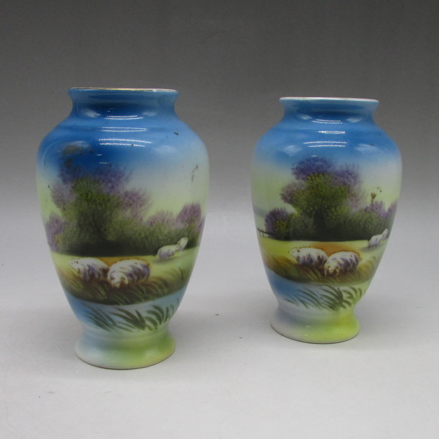 オールドノリタケ 放牧風景文花瓶一対