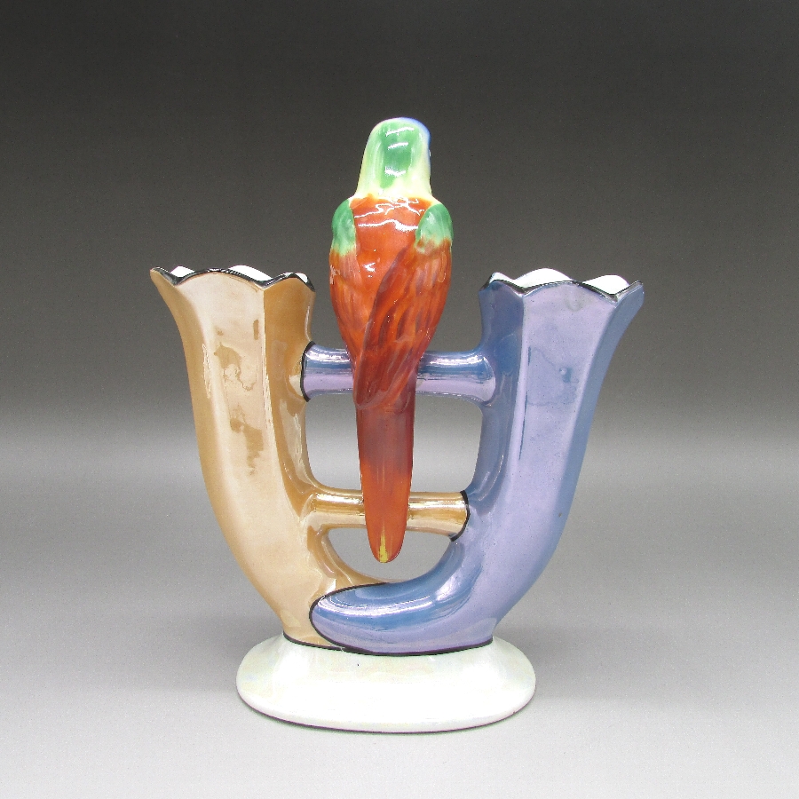 オールド・ジャパン アールデコ鳥フィギュア付二穴花瓶 u5194_10