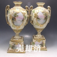 オールドノリタケ 金盛ジュール風景文花瓶一対