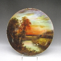 オールドノリタケ K.Wanamiサイン入夕焼け湖畔白鳥文飾皿