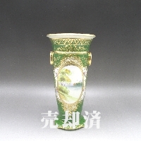 オールドノリタケ 金彩エメラルド地風景文花瓶