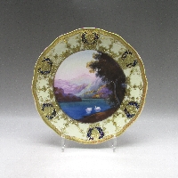 オールドノリタケ 金盛夕焼湖畔白鳥風景文飾皿