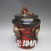 隅田焼 良齋 猿人物図蓋物