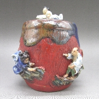 隅田焼 香二 高浮彫人物図葉巻入