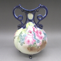 オールドノリタケ コバルト金彩薔薇文把手四脚付花瓶