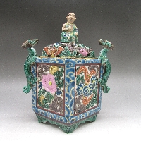 九谷焼 角福 花文龍把手付香炉