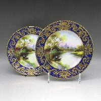 オールドノリタケ コバルト金盛り風景文皿2枚