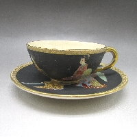 薩摩焼 旭山 黒地芸者文洋茶碗